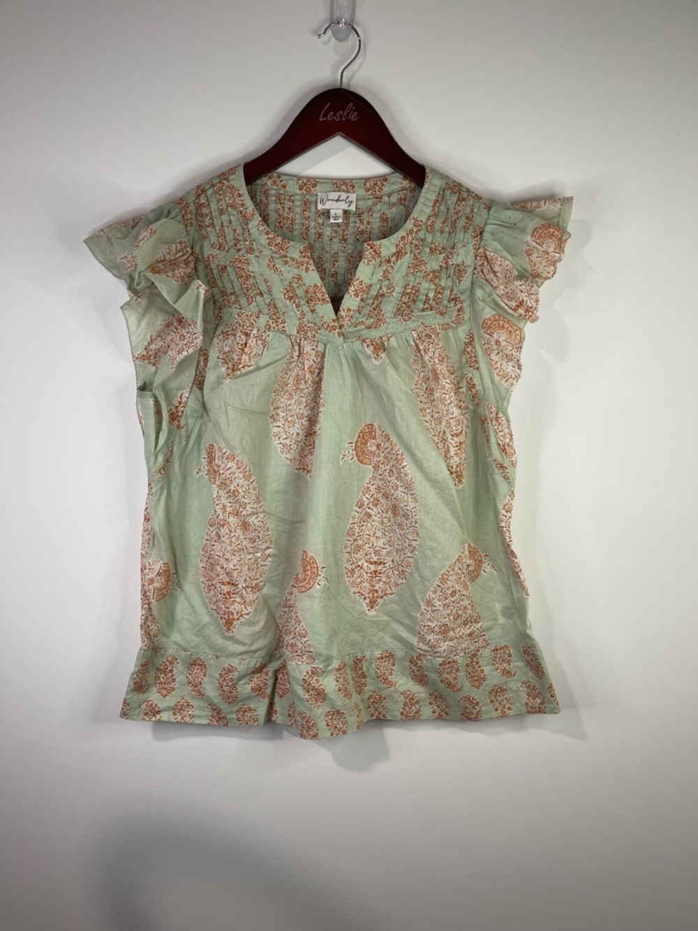 Wonderly Mint Green Paisley Flutter Sleeve Top